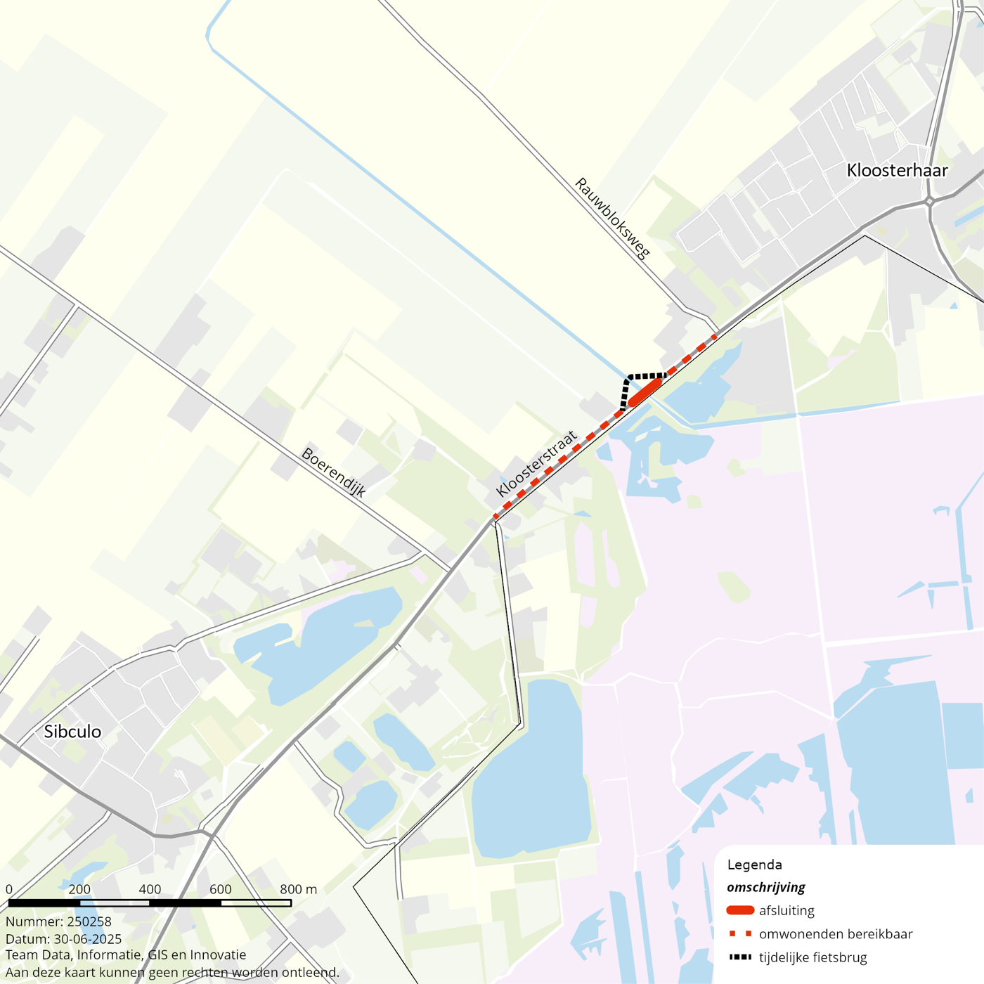 Kaart met zichtbaar de afsluiting van de N341 tussen Sibculo en Kloosterhaar