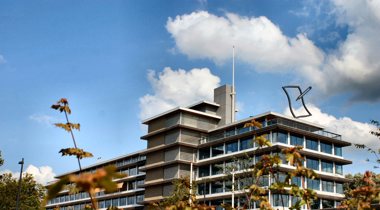 Foto van het provinciehuis tussen de bladeren door