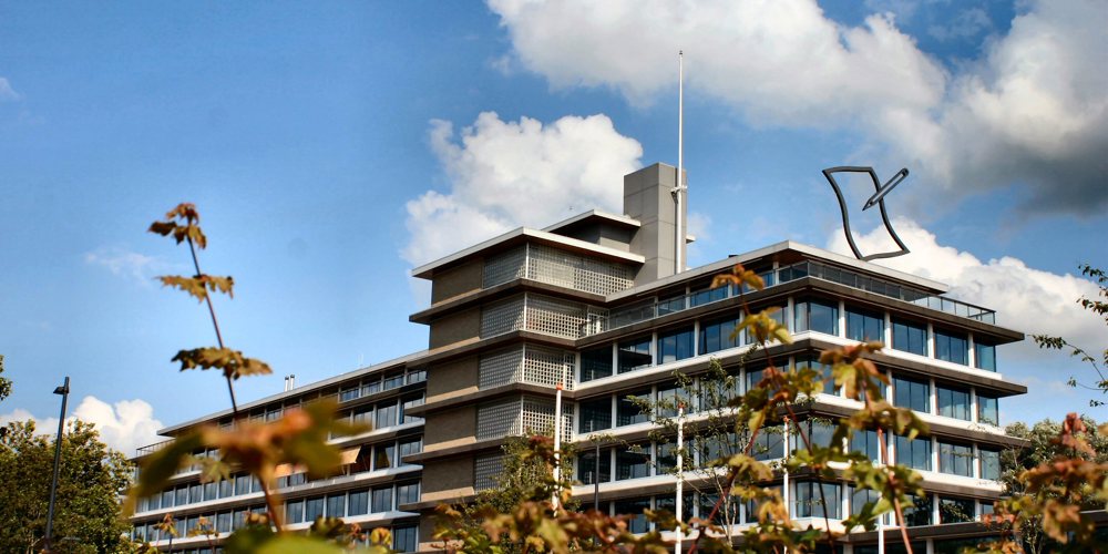 Foto van het provinciehuis tussen de bladeren door