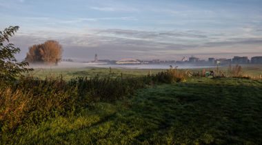 Mistig weiland met in de verte een brug