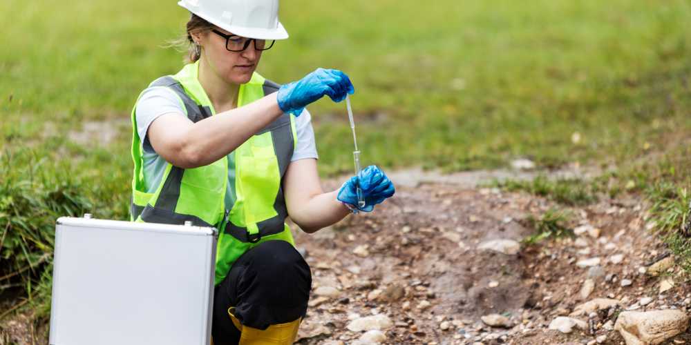 Onderzoeker neemt monsters van de bodem.