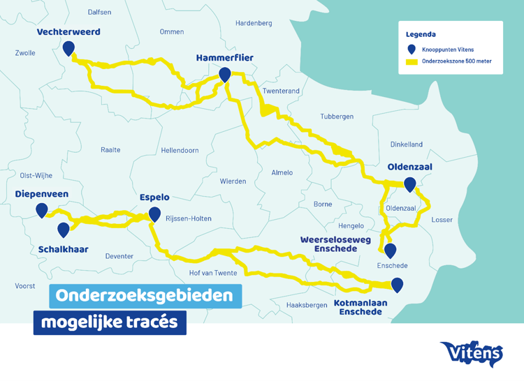 Kaart van Vitens: Onderzoekgebieden met mogelijke tracés