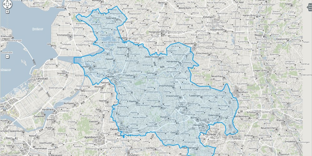 Gedetailleerde kaart van Nederland met Overijssel in het blauw omlijnd en gehighlight