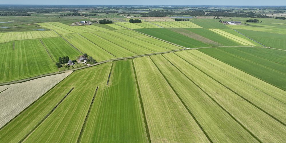 Vogelperspectief landschap vol met verschillende tintengroen kavels en af en toe een woning ertussen