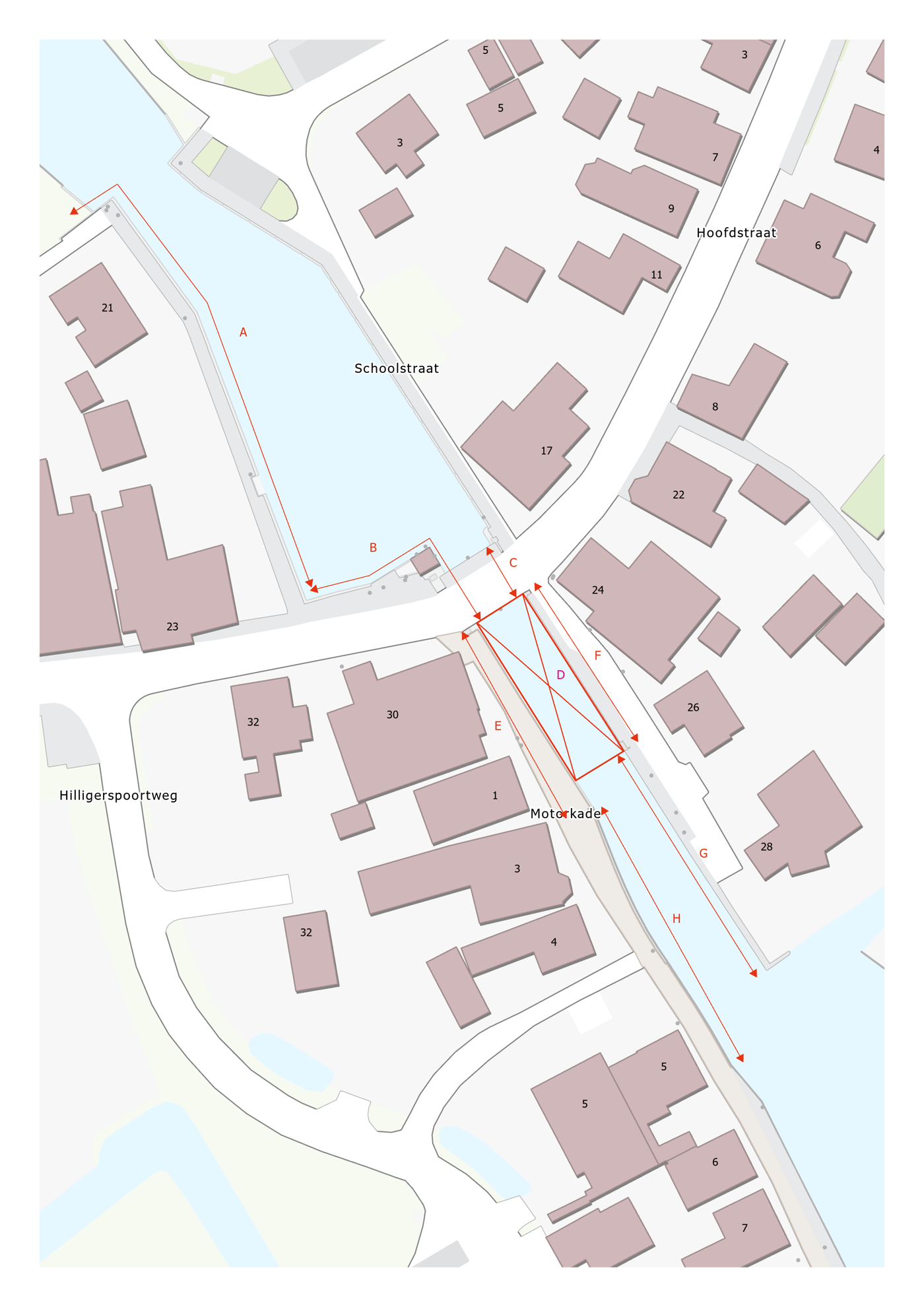 Overzichtstekening van de kademuren waar aan gewerkt gaat worden. De uitgebreide beschrijving staat in de uitklap onder de kaart.