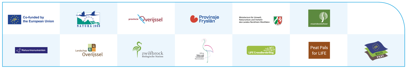 Logo’s from the EU Life: Co-funded by the European Union, Natura 2000, Provincie Overijssel, Provinsje Fryslân, Ministerium für Umwelt, Landwirtschaft und Verkehr des Landes Nordrhein-Westfalen, Staatsbosbeheer, Natuurmonumenten, Landschap Overijssel, Zwillbrock Biologische Station, Stiftung Natur und Landschaft Westmünsterland, project LIFE CrossBorderBog, project Peat Pals for LIFE en LIFE Multi Peat.