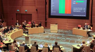 Overzicht van de Statenzaal met stemuitslag op groot scherm.
