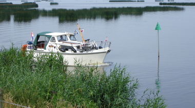 boot op een groot meer langs groene oever