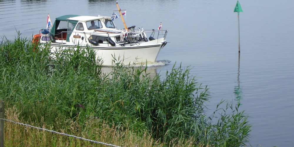 boot op een groot meer langs groene oever