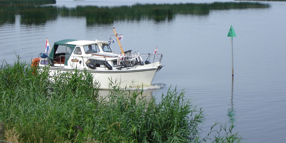 boot op een groot meer langs groene oever