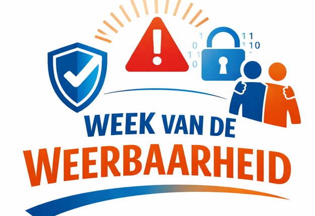 Illustratie voor de Week van de Weerbaarheid met iconen voor veiligheid, waarschuwing, privacy en samenwerking.