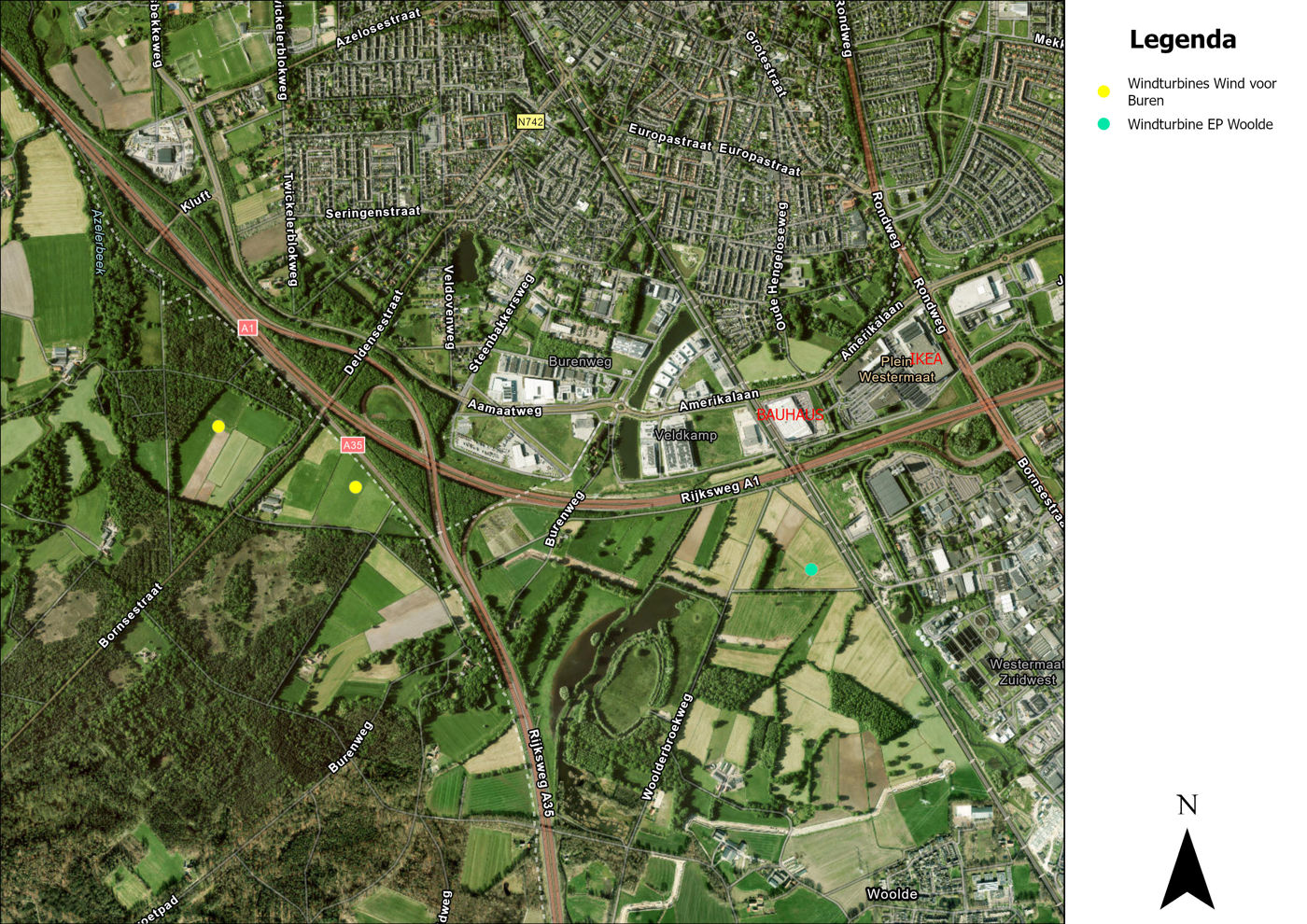 Satelietkaart van de locatie in Twente bij Hengelo waar de Rijksweg A35 en de A1 samenkomen.