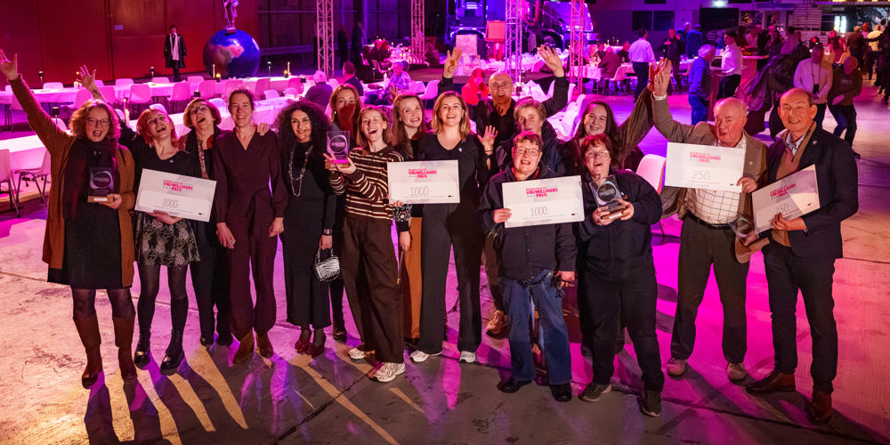 Groepsfoto met blije winnaars van de Overijsselse vrijwilligersprijs direct na de uitreiking