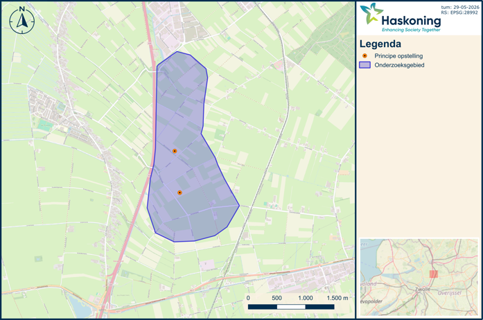 kaart van Rouveen-Oost met 2 Principe opstellingen: kruising Bisschofspweg en Statenweg en in de buurt van de Scholenweg en Whemenweg. Verder is het onderzoeksgebied aangegeven.