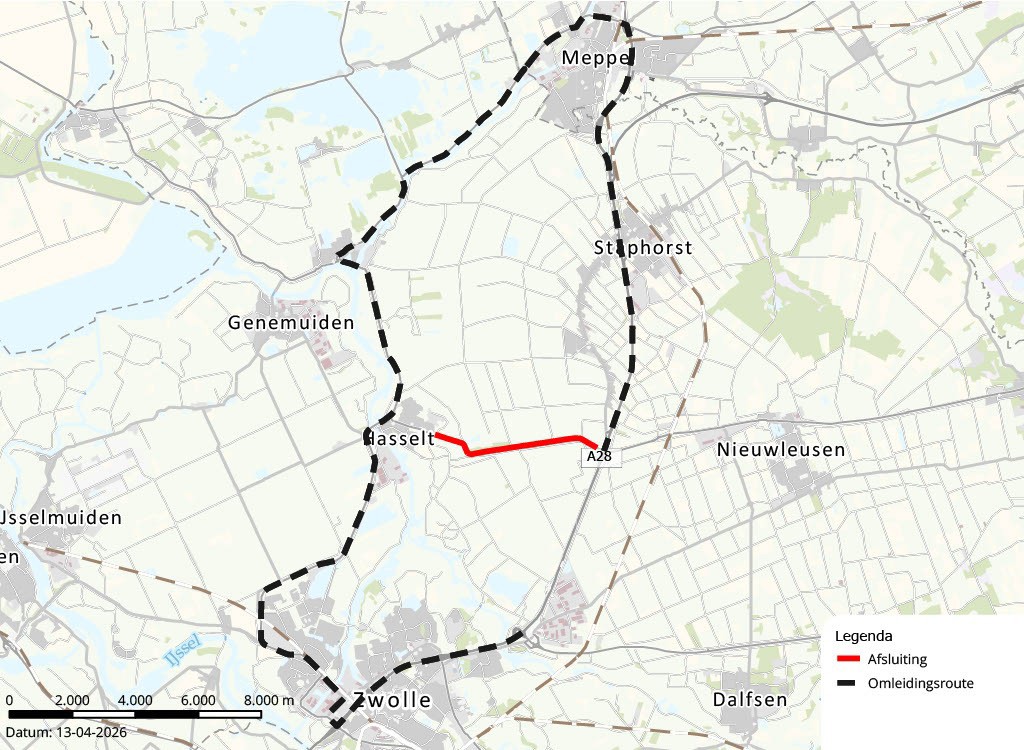 Kaart omleidingsroute N377 tussen Hasselt en De Lichtmis.