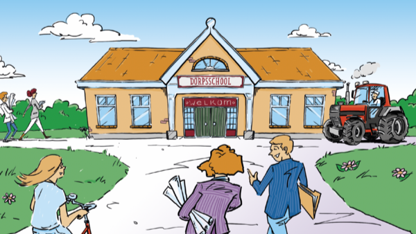 Dorpsschool met oranje dak, mensen voor de ingang en een passerende tractor.
