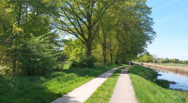 Paden langs kanaal Almelo-Nordhorn met bomen, groen en fietsers op een zonnige dag
