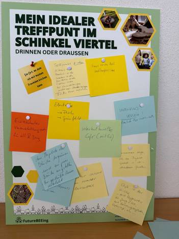 Een bord met post-its waarop bewoners hun ideeën voor een ideale ontmoetingsplek in het Schinkel Viertel hebben geschreven.