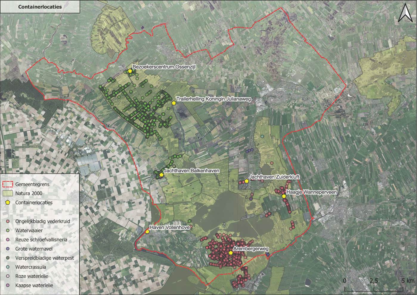 Kaart met de containerlocaties: Bezoekerscentrum Ossenzijl, Trailerhelling Koningin Julianaweg, Jachthaven Balkenhaven, Jachthaven Zuiderkluft, Haagje Wannerperveen, Haven Vollenhove en Arembergerweg
