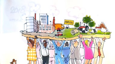 Getekende afbeelding van poppetjes die een kaart van de provincie Overijssel boven het hoofd omhoog houden