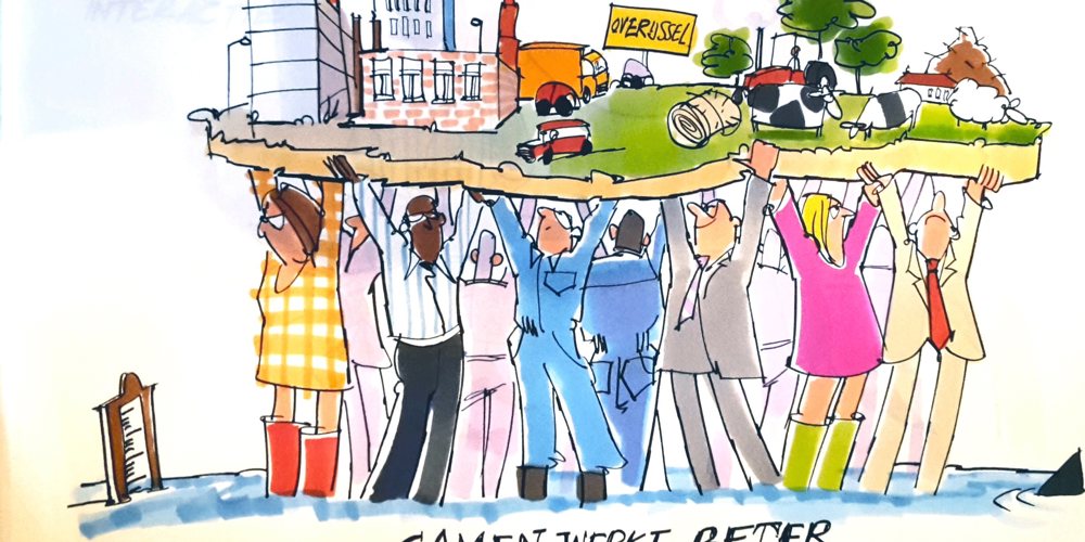 Getekende afbeelding van poppetjes die een kaart van de provincie Overijssel boven het hoofd omhoog houden