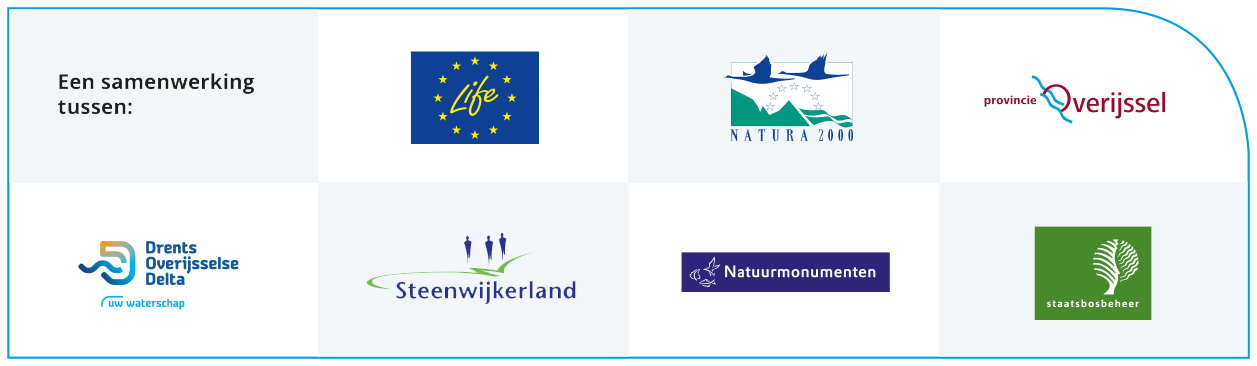 Een samenwerking tussen: logoreeks boven van links naar rechts: Europa Life, Natura 2000, provincie overijssel, onder van links naar rechts: Drents Overijsselse Delta, Steenwijkerland, Natuurmonumenten en Staatsbosbeheer
