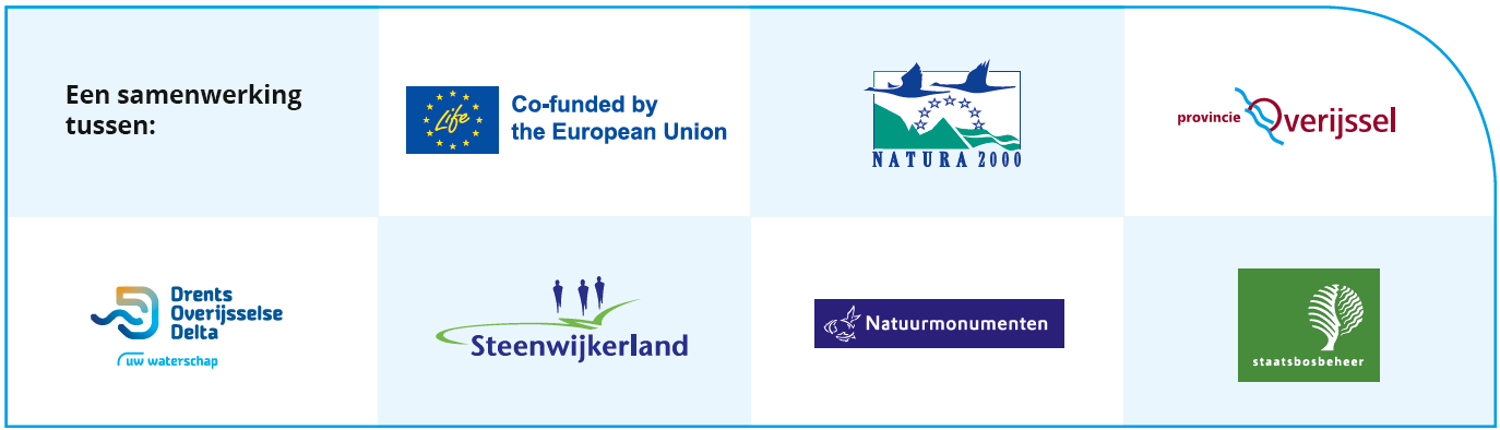 Een samenwerking tussen: logoreeks boven van links naar rechts: Europa Life, Natura 2000, provincie Overijssel, onder van links naar rechts: Drents Overijsselse Delta, Steenwijkerland, Natuurmonumenten en Staatsbosbeheer.