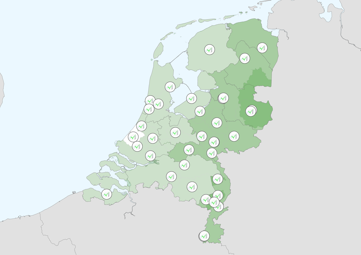 De kaart laat zien welk bevoegd gezag (bijvoorbeeld een provincie, een omgevingsdienst, een gemeente) gebruik maakt van de tool. Hoe donkerder de kleur, hoe meer gebruikers bij dat bevoegd gezag.