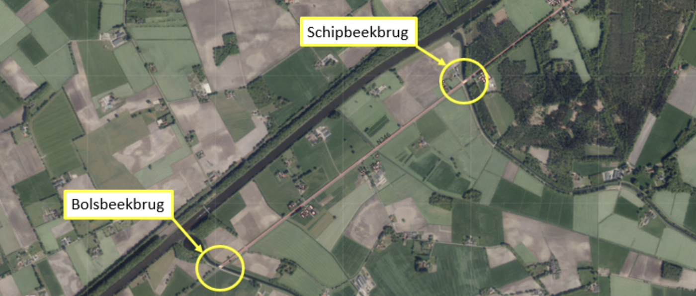 Satelietbeeld van de N346 met een cirkel om de locatie Bolksbeekbrug en de Schipbeekbrug