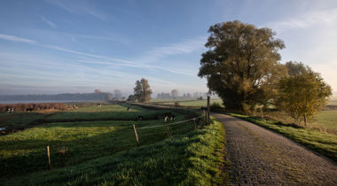 Dijkweg in de zon die loopt naar de horizon.