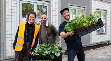 Drie mensen met plantenbakken 