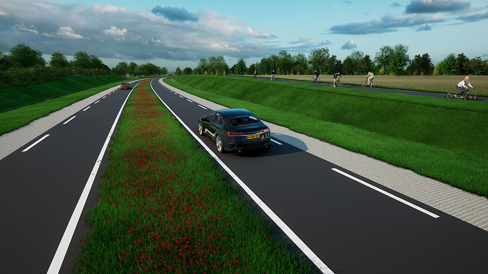 Impressie van de weg. twee rijbanen (beide banen een auto) met een brede groenstrook in het midden, rechterkant een verhoogd fietspad met fietsers