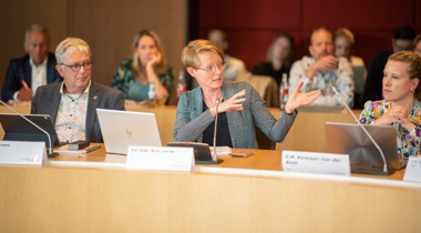 mensen die vergaderen in vergaderzaal met microfoons