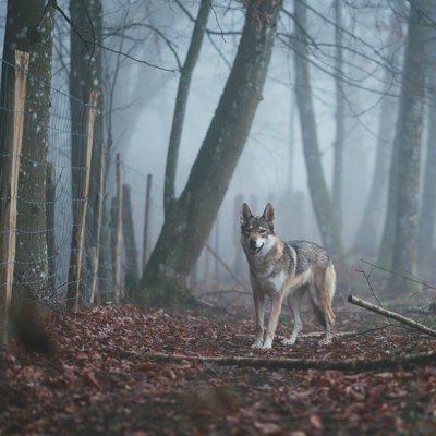 Wolf bij hek met gaas in bos