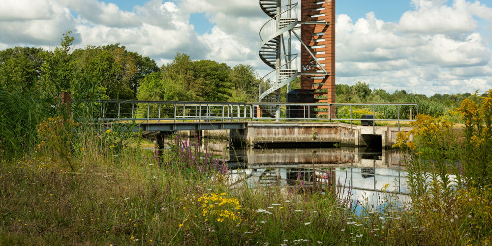 Trap naast hoge vogelspot torn naast een brug over sloot met bloemrijke overs