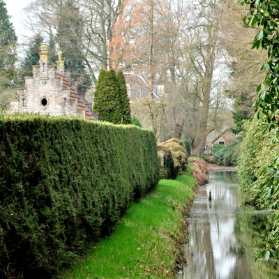 Rivier en struiken met gebouw erachter