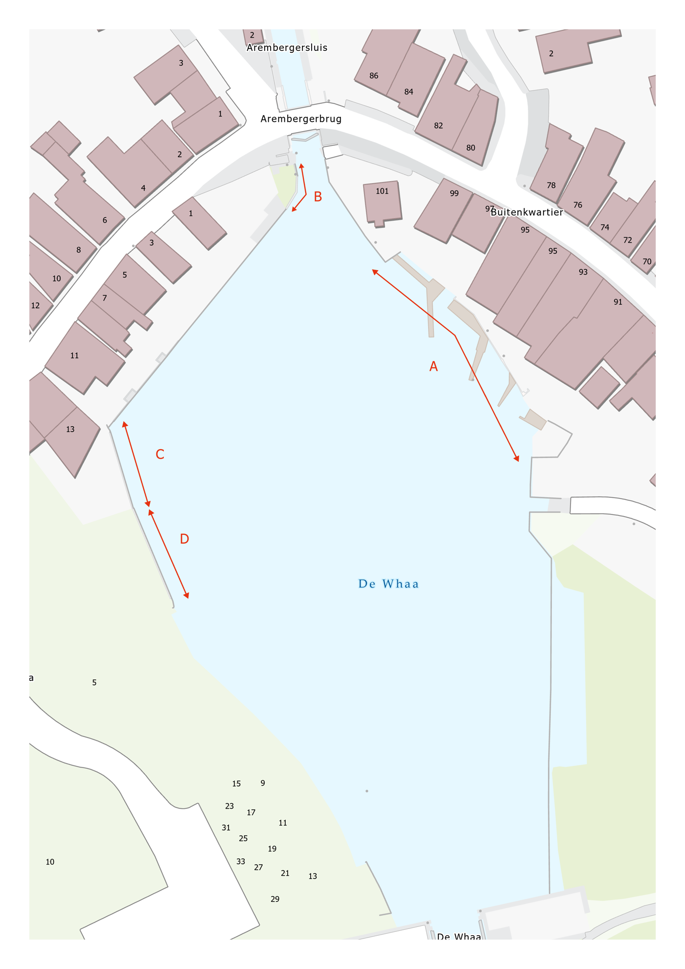 Overzichtkaart De Whaa bij Zwartsluis, verschillende kades langs De Whaa worden versteld